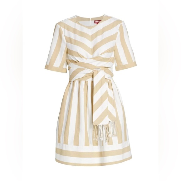 STAUD Hazelnut Stripe York Mini Dress With Pockets & Wrap Detail. Size XS. - Picture 7 of 16